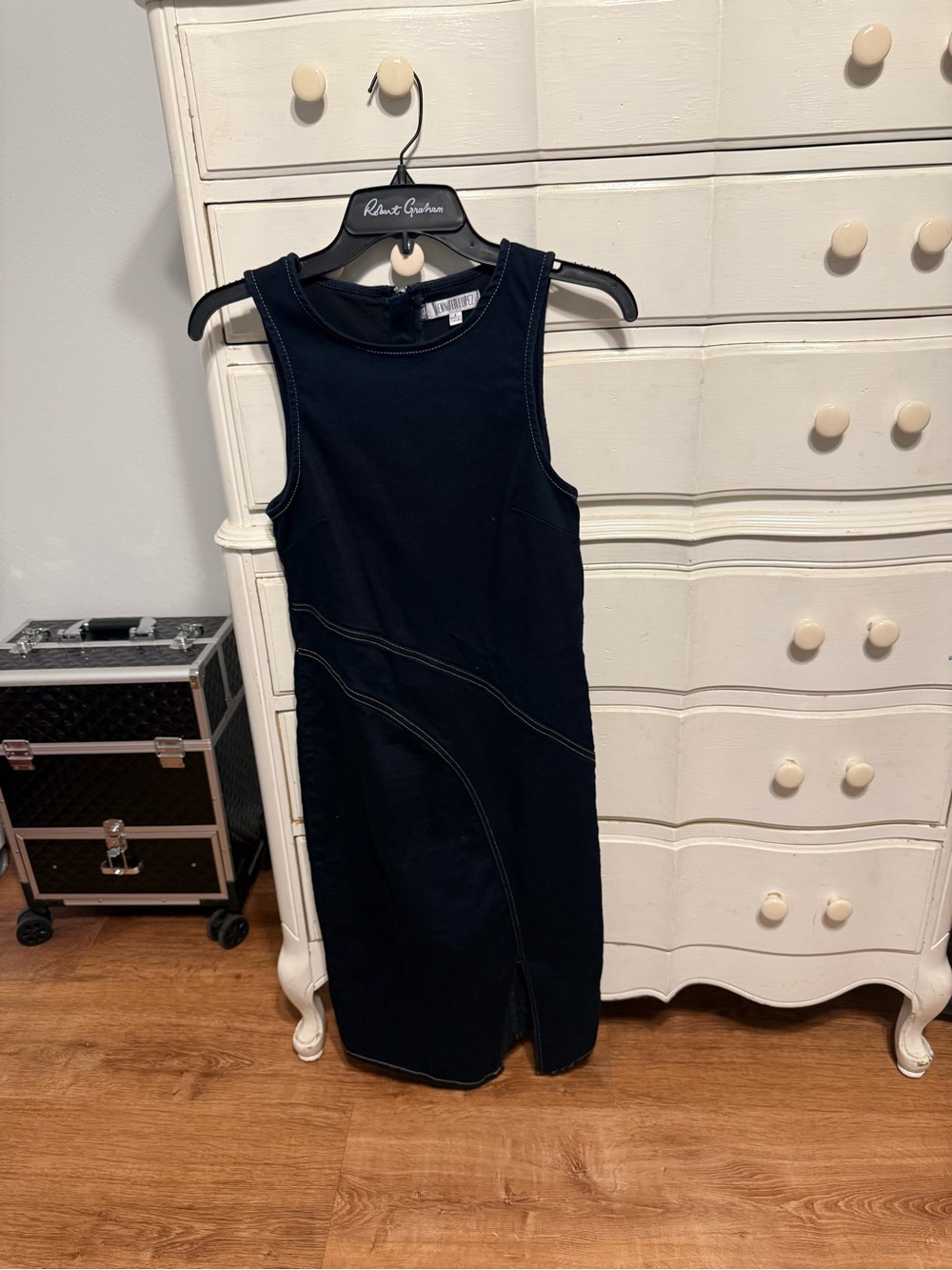 Jennifer Lopez Dark Denim Midi Sheath Dress with Contrast Stitching